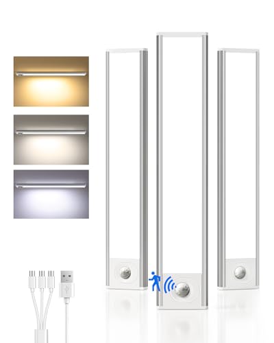 Image of 10inch Under Cabinet Lighting Wireless, 3-Pack Rechargeable Battery Motion Sensor Light Indoor, LED Closet Lights USB Charging,3 Color Dimmable Under Cabinet Lights for Kitchen, Cabinet, Wardrobe