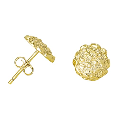 Nugget Stud Earrings - Yellow Gold Plated Sterling Silver Textured Chunky Studs - Hypoallergenic Minimalist Earrings for Men-Women