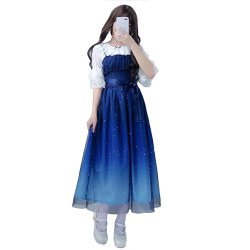 New Years Eve Outfits WomenFairy Dress Casual Girl Princess Sweet Lolita Gradient Starry Sky Deep Blue Star Long Dress