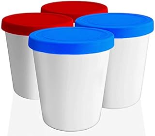 LIN Ice Cream Containers 4-Pack - 1L Reusable Round Storage Tubs for Homemade Ice Cream, Dessert, Gelato, Sorbet, 2 Red & 2 Blue Silicone Lids - Non-BPA Plastic Containers - Freezer & Dishwasher-Safe