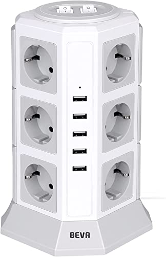 BEVA Regleta Enchufes Vertical de 12 Tomas Corrientes y 5 Rápida USB Tomas, Ladron Enchufe de Corriente con Protección contra Sobrecargas y Interruptores, Cable de 2M, 2500W/10A White