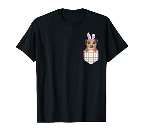 Easter Plaid Border Terrier Bunny Dog In Pocket T-Shirt, Black