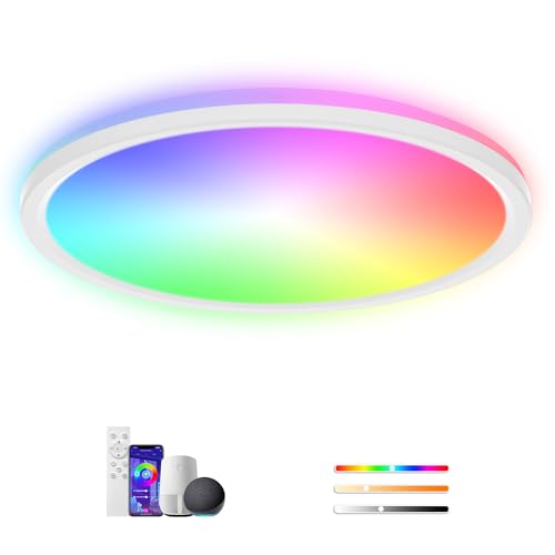 Rawhui 24W Plafonnier LED Dimmable,Plafonnier LED RGBIC,IP44 2400LM Luminaire Plafonnier,3000K-6500K,Plafonnier avec Télécommande et Contrôle APP,pour...