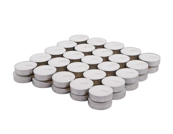 aaBCo Set of 50 T Light Candle with Burning time up to 3 hrs Made with Pure parrafin Wax and Cotton Wick Smokeless/Dripless/LongLasting