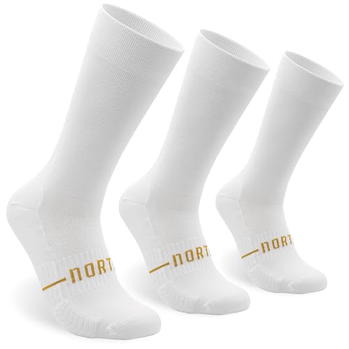 NORTEI Calcetines Ciclismo Altos Deportivos Hombre y Mujer - Calcetines Running Triatlón Gym Crossfit - Acolchados, Transpirables, Sin Costuras, Compresivos (S-M, White Pack 3)