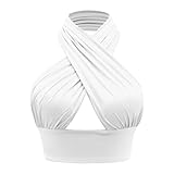  shownicer Femme Débardeur Crop Top Y2K Fashion Sexy Corset Top Cross Wrap Enveloppé Dos Nu Top Bandage Wrap Halter Tank Criss-Cross Halter Top Croisée Moulante Blanc L