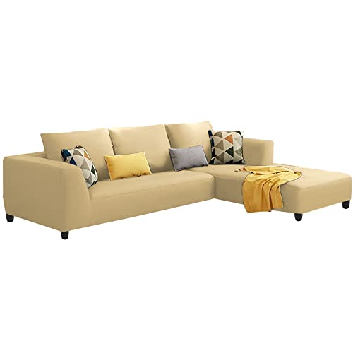 Image of Galib RHS 4 Seater L Shape Sofa Set for Living Room (Cream) Premium Fabric