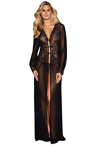 FreestyleMo Damen Spitze Negligee Langarm Transparent Kimono Lingerie Nachtkleid Nachthemd Spitzen Reizwäsche Sleepwear Babydoll Dessous Kleid mit String (Large, Schwarz) Cover