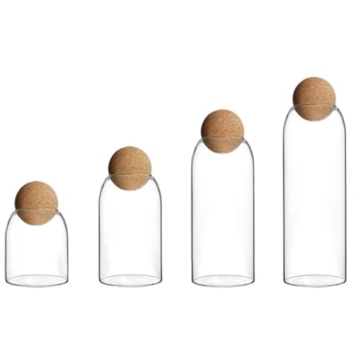 Dxcaicc ボールコルク蓋付きガラス保存瓶4個、食品保存容器、透明保存瓶、スパイス、砂糖、塩、紅茶、ナッツ、コーヒー豆用の装飾ガラス保存瓶