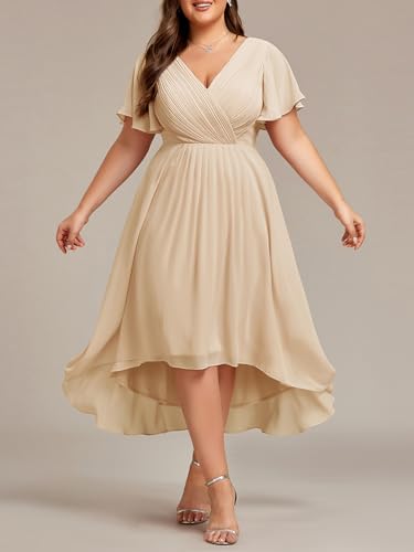 Image of Ever-Pretty Plus Summer Short Sleeves V-Neck Formal Wedding Guest Dresses for Curvy Women Chiffon Midi Cocktail Party Dress