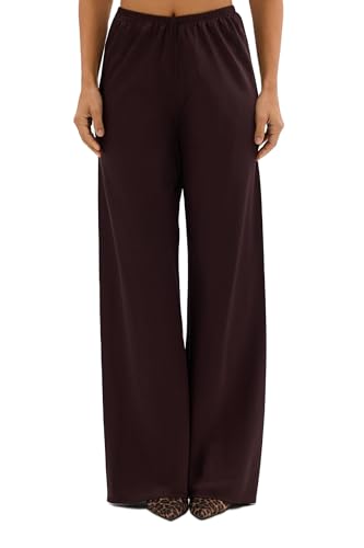 Seyurigaoka Satin Silk Wide Leg Dress Pants for Women Low Rise Baggy Pants Y2K Holiday Party Long Flowy Trousers (Solid Dark Brown S)