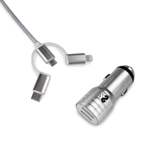 SUBBLIM Cargador Dual Car Charger (2.4A) + Cable 3In1 Plata Martillo De Seguridad Carga Dos Dispositivos A La Vez 3 En 1