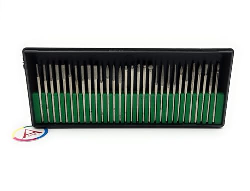Image of Aone Diamond Coated Bur Bit Set of 30 pieces Mandrel 2.3mm for Grinding, Engraving, Carving & Shaping on Metals, Wax, Plastic, Ceramic, Clay on Dental, Jewellery Making, Model Making, Hobby Crafts DIY