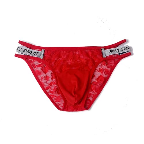 HAVBX Men's Sexy Lace Underwear Low Rise Bugle Pouch Bikini Briefs Sissy Lingerie (US, Alpha, One Size, Regular, Regular, Red)
