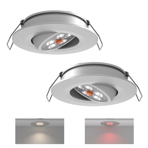 acegoo Foco Empotrable LED 12V Autocaravana Interruptor Dimmer Incorporado y Luz Roja Downlight Regulabl Iluminacion ángulo del haz 35°, para Caravana Barco Camión Camper, 205lm Aluminio Plata 5000K