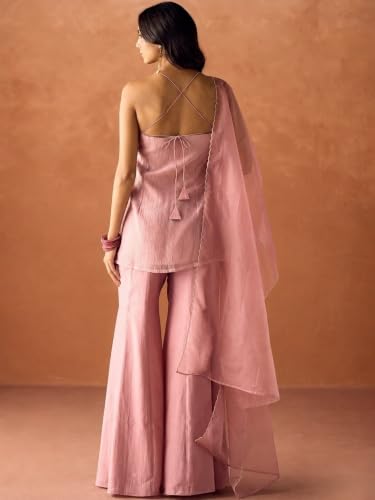 Image of Pink Embroidered Halter Neck Kurta with Sharara and Dupatta