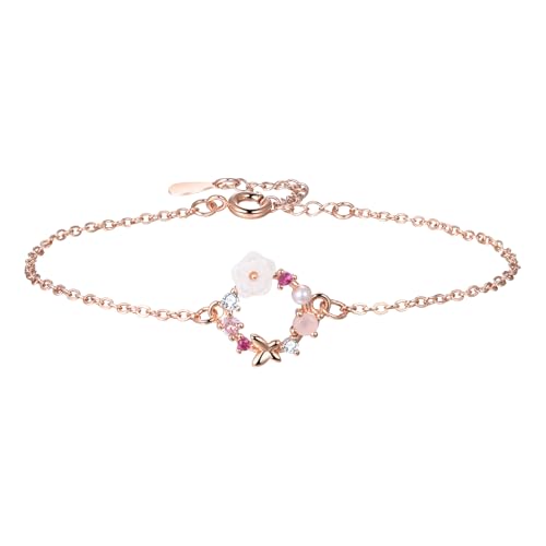JewelryWe Bracelet Femme Fleur Papillon: Bracelet Couronne en Cuivre Doré Rose et Cristal Rose, Bijou Fantaisie Élégant et Romantique, Cadeau Anniversaire ou Fête des Mères Raffiné