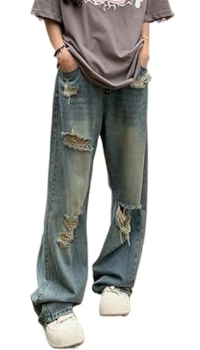 Women's Retro Hole-Punched Jeans Women High Waist Straight-Crotch Loose Slim Design Wide-Legged Dragging Pants4