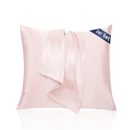 Taie Oreiller 65x65 Satin - Similaire aux Taie d Oreiller en Soie Lot de 2, Prend Soin de Votre Peau et de Vos Cheveux, Housse Coussin Satin Protege Oreiller (Rose...