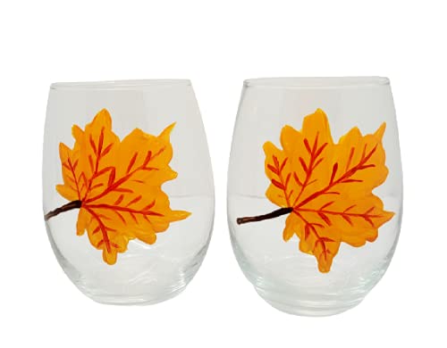 Fall Maple Leaf Hand Painted Stemless Wine Glasses,Set Of 2 #TOP16