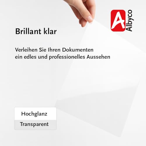 Albyco Klarsicht Einbanddeckel, Deckblatt, PVC Deckblätter, Klarsichtfolie - Transparent PVC, Format DIN A4, 210 x 297 mm, 0,18 mm/180 micron, Glänzend, pro 100 Stück