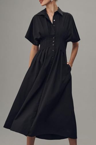Image of Chvity Women Stripe Tunic Maxi Shirt Dress Fashion Slim Fit Button Pleated Dresses Casual Short Sleeve Long Dress