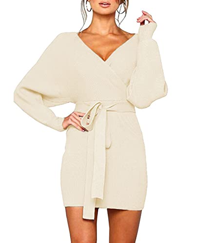 Mansy Women's Sexy Cocktail Batwing Long Sleeve Backless Mock Wrap Knit Sweater Mini Dress