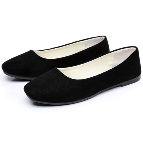 Image of Hwalleum Women's Casual Square Toe Ballet Flats Ladies Stylish Slip On Ballerina Flats Girls Fashionable Solid Color Ballet Pumps Dolly Shoes Womens Comfy Office Driving Flat Shoes Loafers Black