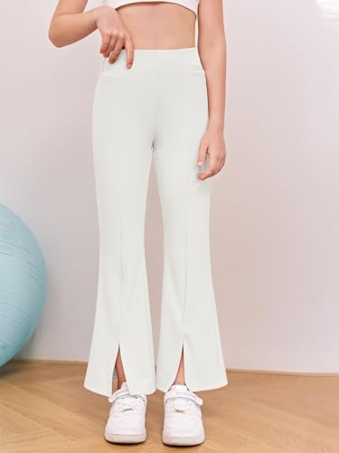 Image of Haloumoning Girls Kids Elastic Waist Ribbed Flare Split Bottom Pants Stretch Casual Long Pants(5-14Y) White