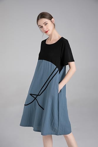 Minibee Women\'s Linen Casual Dress Summer Short Sleeve Midi A-line Boho Tunic Dresses with Pockets Blue L