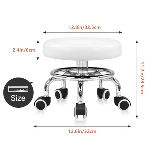 Image of KKTONER Black Roller Seat PU Leather Rolling Stools with Wheels Nail Stool for Home Work Office Shop Step Stool (White)