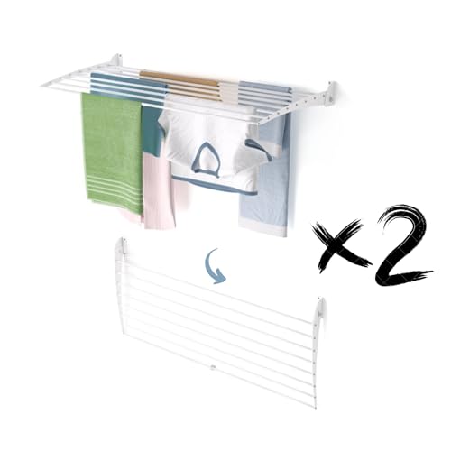 foxydry Fold, Étendoir à Linge Mural, Extensible Vertical, Pliable pour intérieur et extérieur en Aluminium et Acier 118 x 50 x 50 cm (Blanc - Fermeture vers Le Bas, 2 Plis 120)