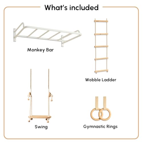Image of Curious Cub All-in-One Monkey Bars for Kids Indoor Wall Mounted | Kids Pull Up Bar for Home Gym with Swing, Gymnastic Rings & Climbing Ladder | Indoor Jungle Gym Equipment (4+ Years)