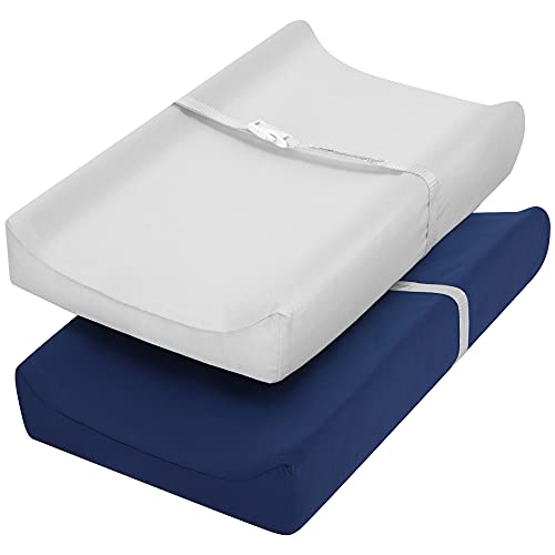 Image of TILLYOU Changing Pad Cover Set in Soft Jersey Material - Fits 32"/34''x16 Contoured Pad for Babies, Navy Blue & Lt Gray