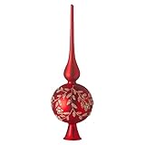 HappySpot Glass Spherical Christmas Tree Topper Finial Christmas Ornaments with Carved Flowers Holiday Indoor Suitable for Home Party Decoration, 9.8inches, Red