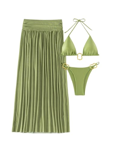 GORGLITTER Women's 3 Piece Swimsuit Metal Ring Triangle Halter Bikini Set with Long Cover Up Skirt