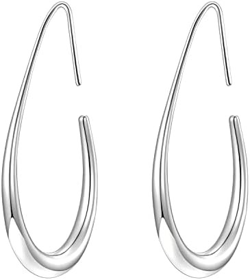 Lightweight Teardrop Hoop Earrings for Women - 14k Gold/White Gold Plated Large Oval Pull Through Hoop Earrings High Polished Statement Jewelry Gift for Women Teen Girls