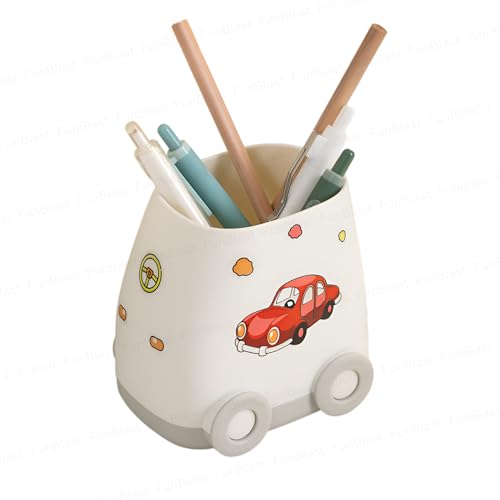 Image of FunBlast Pen Stand for Study Table, Car Stationary Organizer with Kawaii Stickers, Pen Stand for Kids & Girls, Desk Organizer, Birthday Return Gifts for Kids (White)
