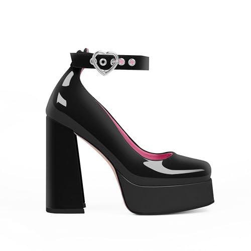 Women's Platform High Block Heel Pumps Ankle Strap Heart Buckle Square Toe Patent Leather Party Prom Dress Shoes2