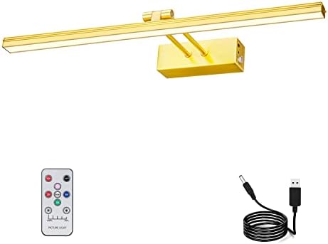 RAIFOOLLY Picture Light,5000mAh Rechargeabl Art Lights for Paintings,Remote 16" Display Accent Lighting with Timer and Dimmable for Wall,Frame,Portrait-Brass