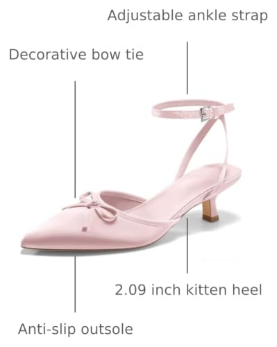 Image of Coutgo Satin Kitten Low Heels with Bow Closed Pointed Toe Short Pumps Dress Wedding Party Shoes
