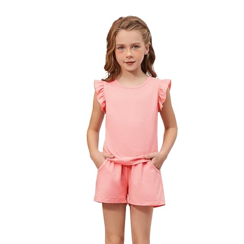QPANCY Girls 2 Piece Outfits Stylish Tracksuit Ruffle Sleeve Top Kids Summer Shorts Clothing Sets