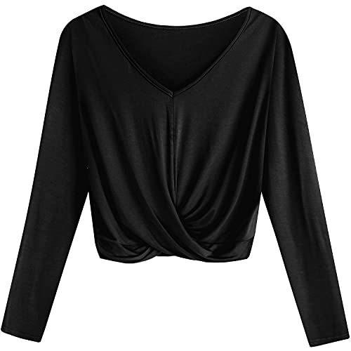 Black Crop Tops for Women Twist Front Comfort V Neck Yoga Shirt Small