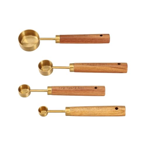 BRZU ステンレス製計量カップセット、計量スプーン 8点セット、アカシア木製ハンドル、目盛り付き小さめスプーン、調理用ベーキングキッチンツール、調味料、コーヒー、ミルク、小麦粉用大さじ小さめスプーン (ゴールデン,計量スプーン4点セット)