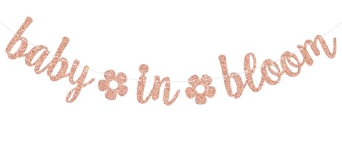 Image of Baby in Bloom Banner, Floral Theme Baby Shower Decorations, Spring Baby Shower Gender Reveal Pregnancy Announcement Party Decorations, Rose Gold Glitter