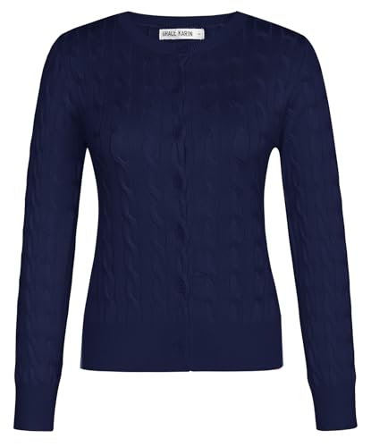 Womens Button Down Cable Knit Cardigans Lightweight Navy Blue Cropped Cardigan Crewneck Sweater Jackets for Women XL