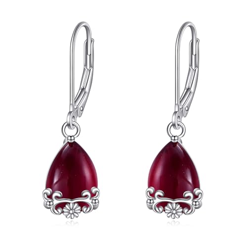 POPLYKE Garnet Filigree Teardrop Drop Dangle Earrings Sterling Silver Red