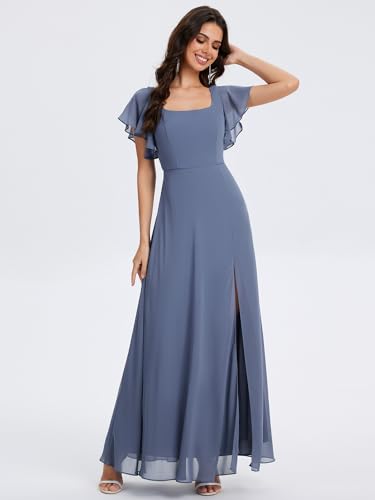 Ever-Pretty Women's Square Neck Short Sleeves Split Chiffon Floor Length A-Line Maxi Formal Dress 024094