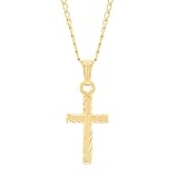 Child's & Kid's 14k (Karat) Solid Yellow Gold Filled Religious Custom Hand Engraved Cross Pendant Necklace, Children's Yellow Gold Cross Necklace On 15' (Inch) Curb Chain W/ Soldered Bale, Child's