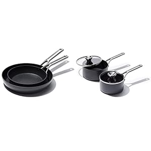 OXO Professional Hard Anodized PFAS-Free Nonstick, 8″ and 10″ Frying Pan Skillet Set, Induction & Professional Hard Anodized PFAS-Free Nonstick, 1.7QT and 2.3QT Saucepan Pot Set with Lids, Black